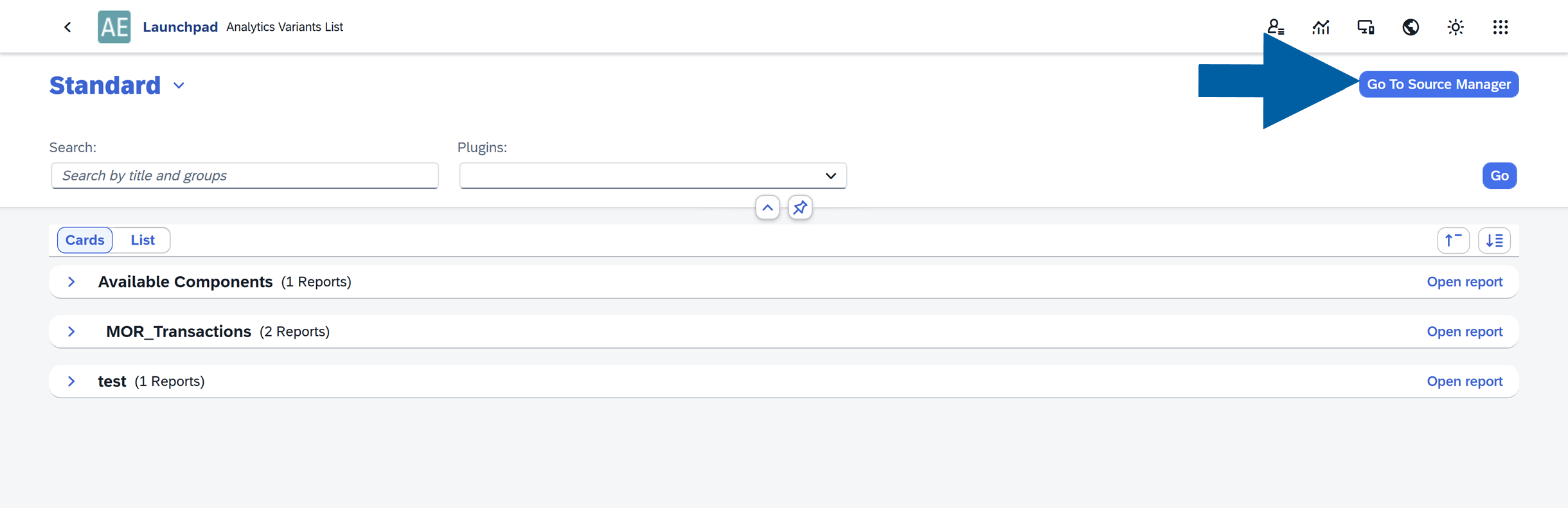 screen showing clicking the go to source manager button