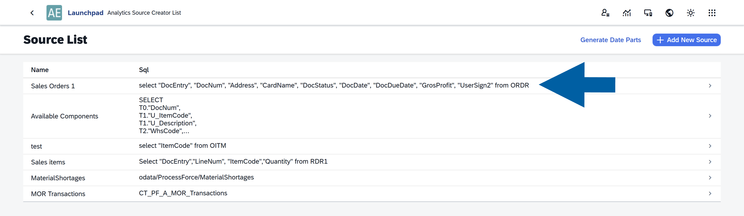 screen showing selecting a source in source manager