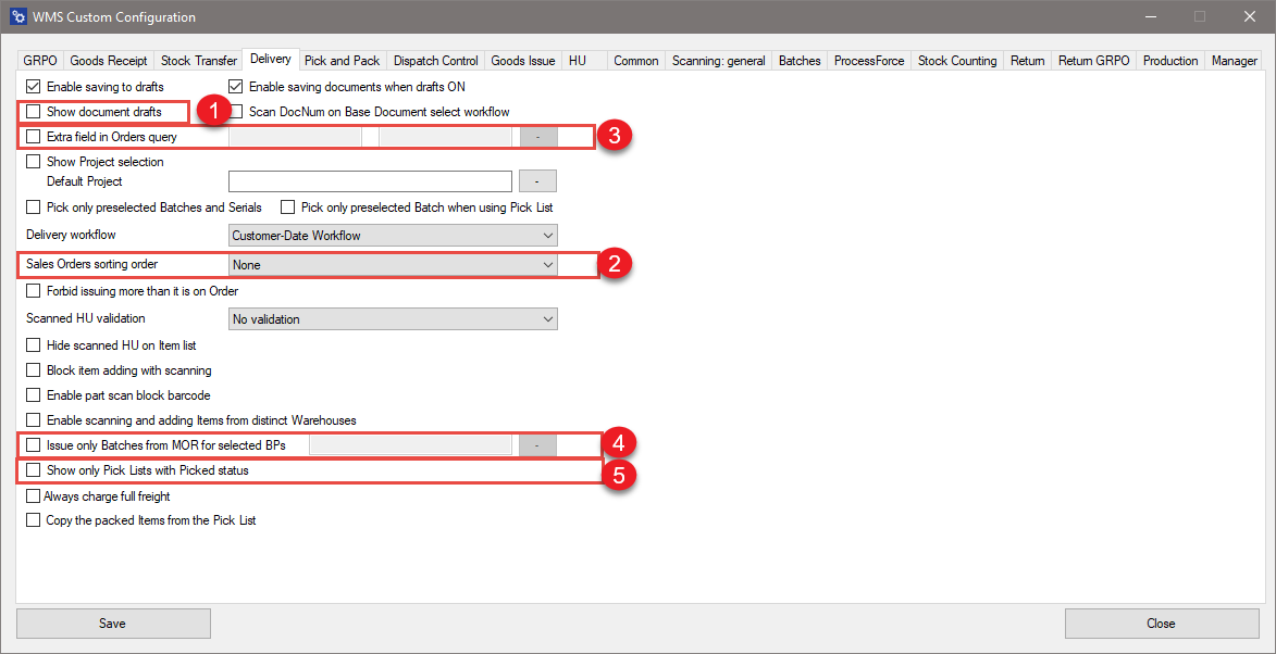 Screenshot of the old delivery tab layout with removed checkboxes