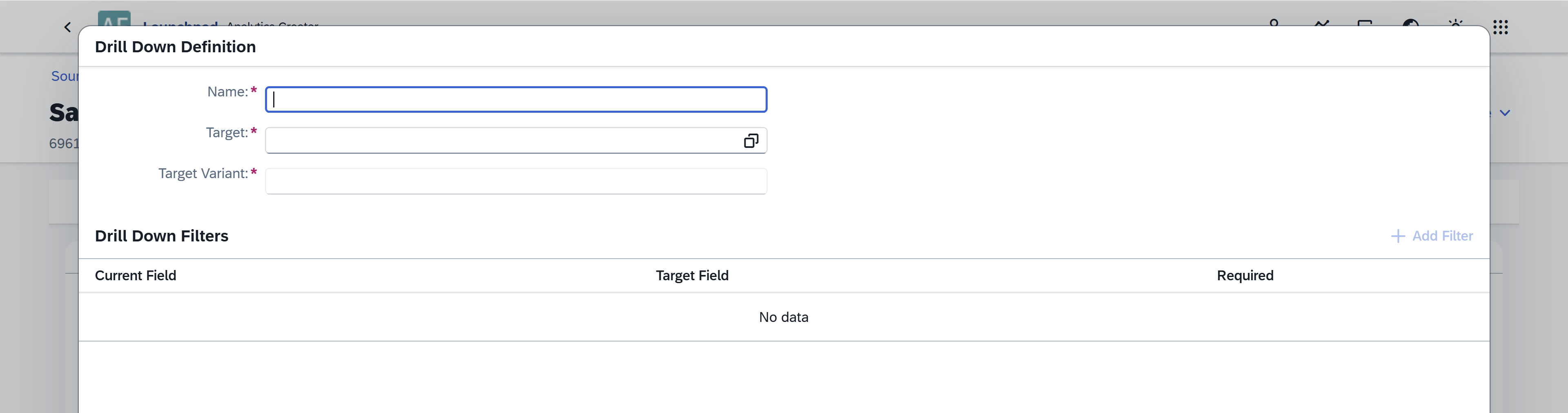 screen showing entering a drill down name
