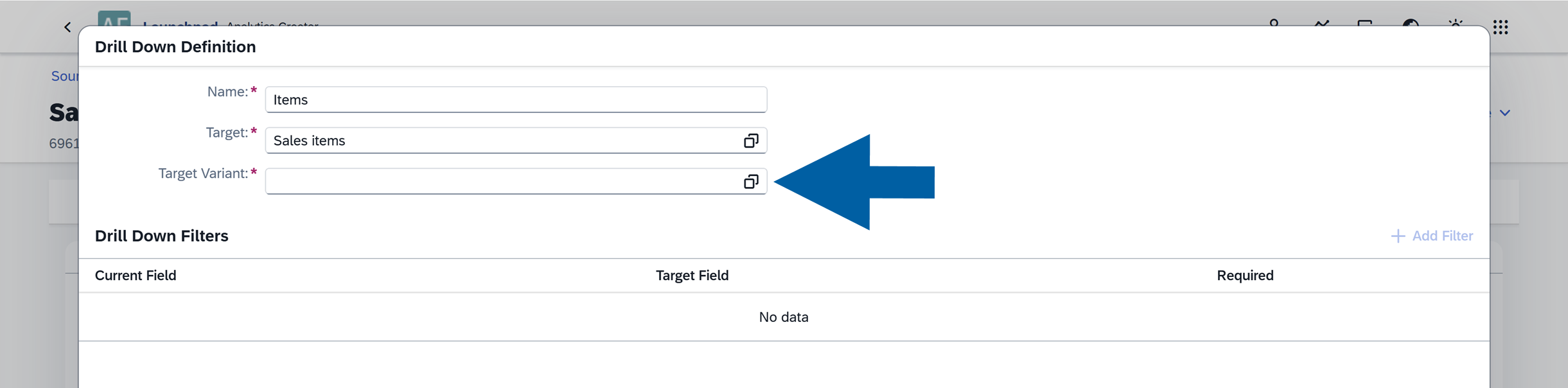 screen showing choosing a target variant for a drill down