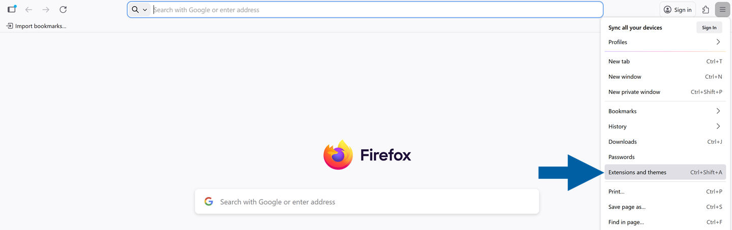 Mozilla Firefox browser menu open with Extensions and themes highlighted for extension setup