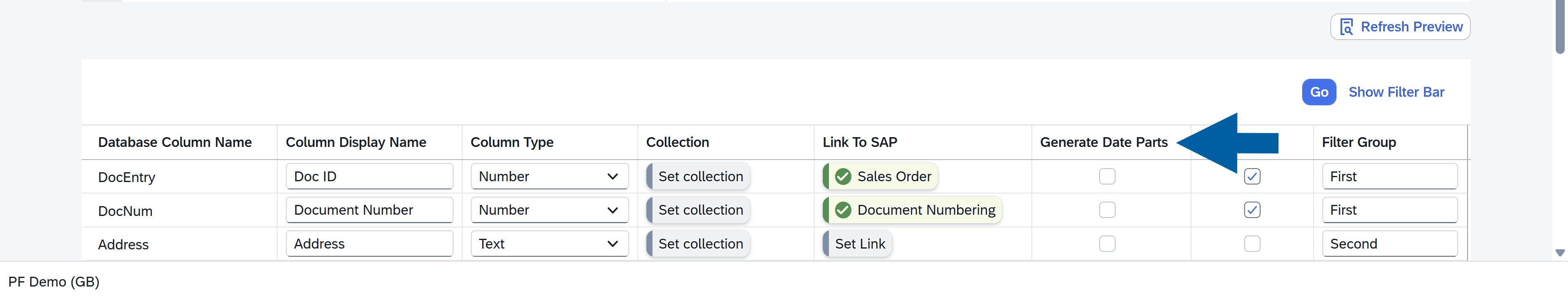 screen showing where to enable generating date parts