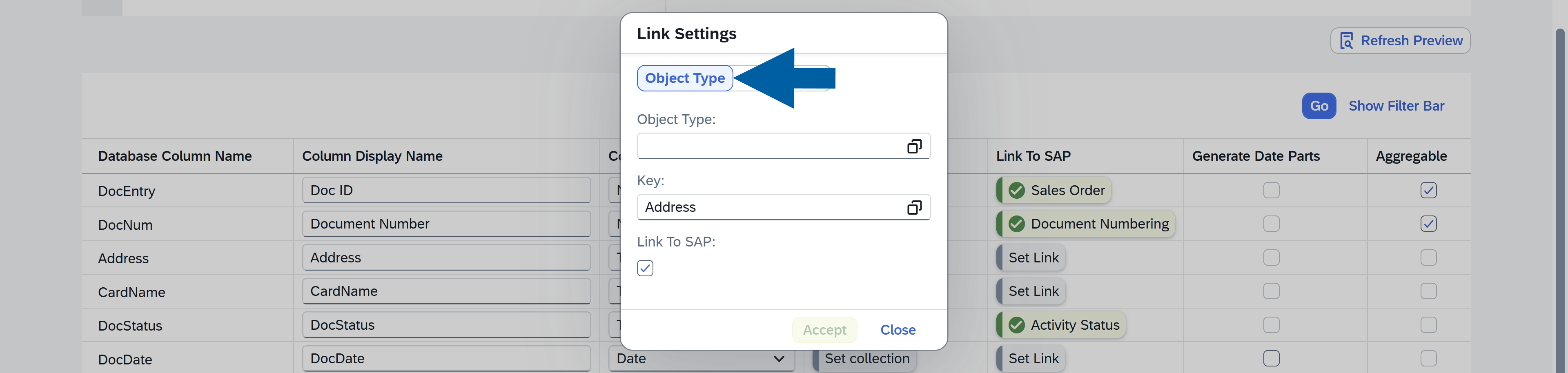 a screen shoing how to configure object type lik to sap in the report