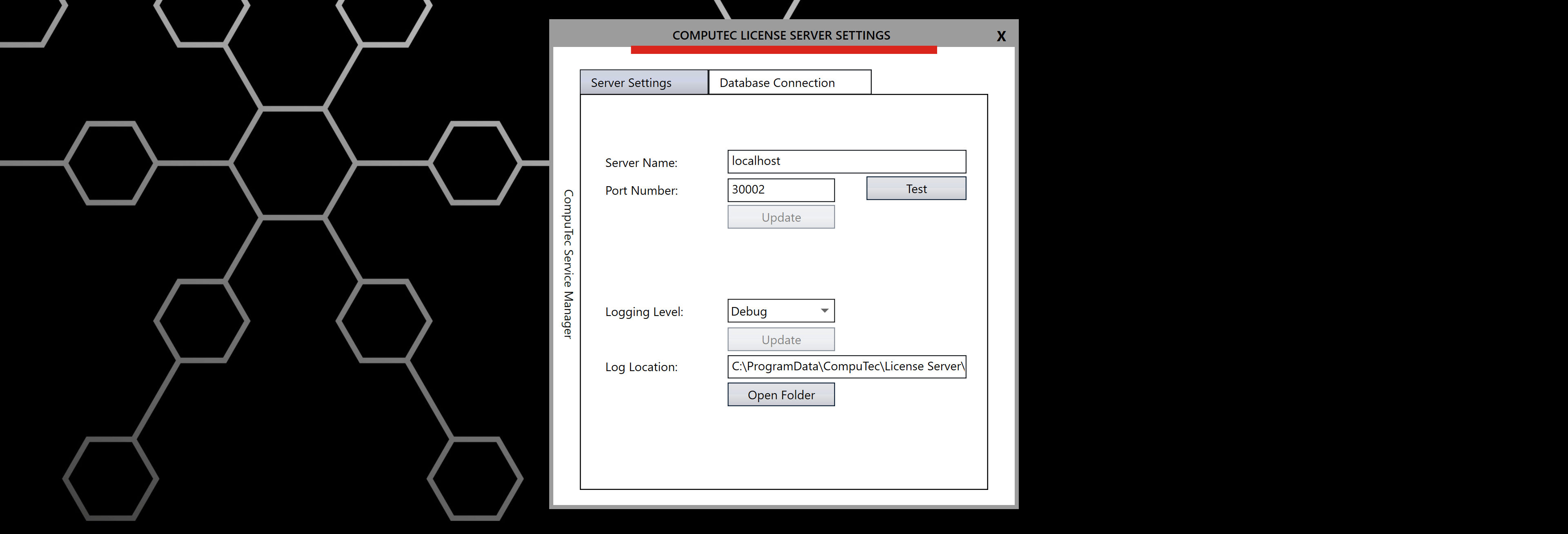 CompuTec License Server Settings dialog with Server Settings tab active, displaying fields for Server Name, Port Number, Logging Level, and Log Location configuration options