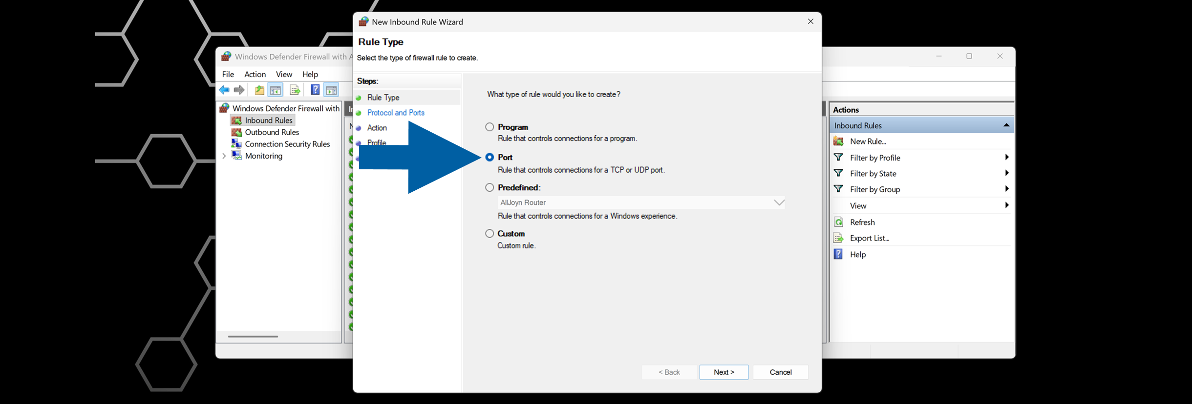 New Inbound Rule wizard page with Port rule type selected and Next button available