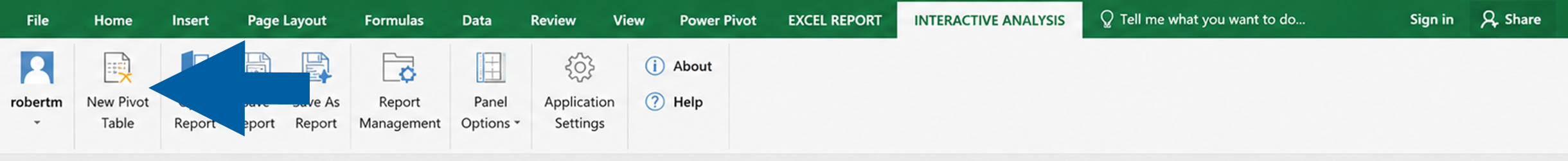 Excel Report and Interactive Analysis ribbon showing New Pivot Table button on the Interactive Analysis tab