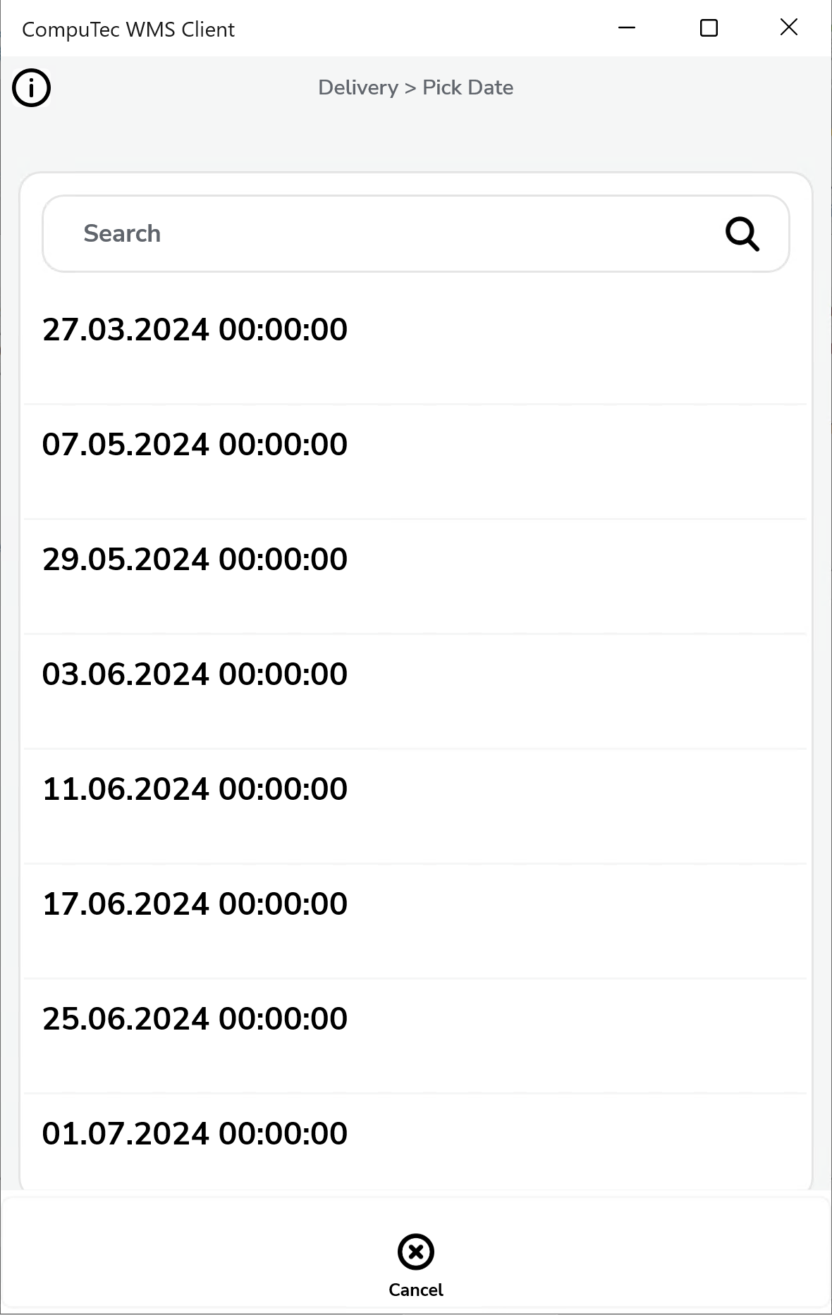 Delivery workflow customer date option showing date picker screen