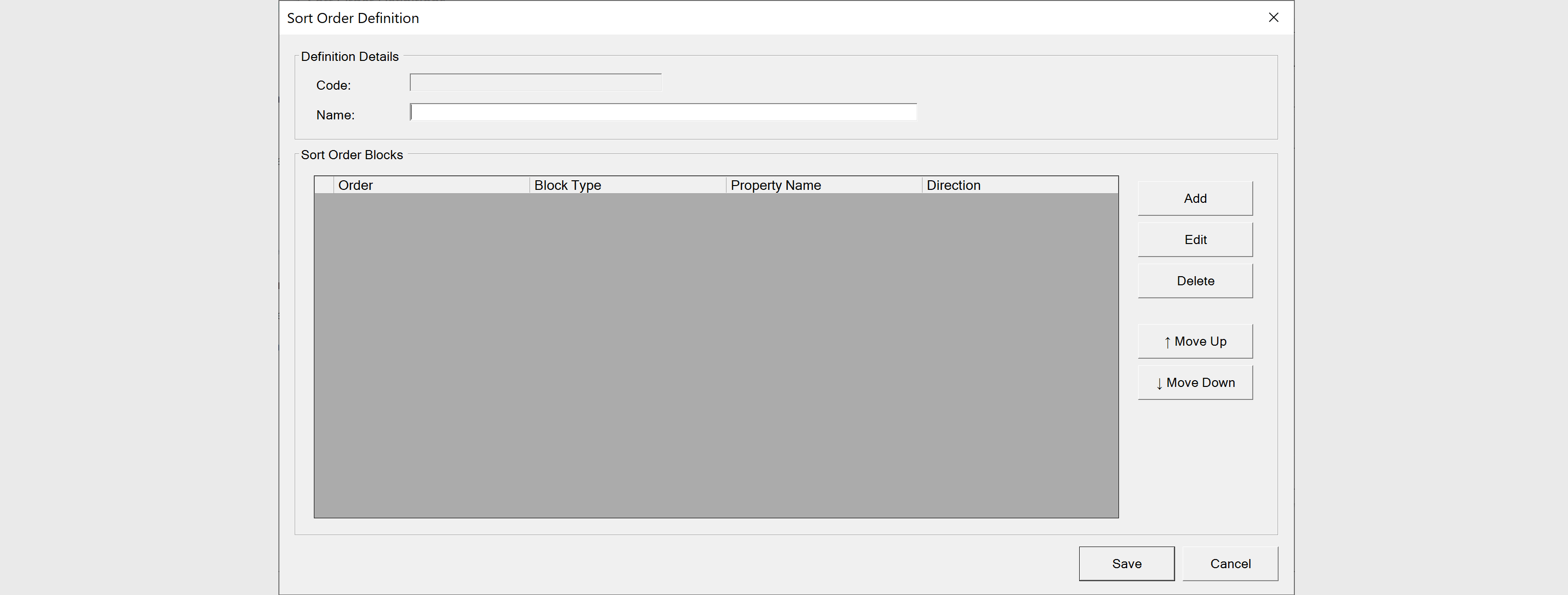 Sort order definitions - enter name in the form