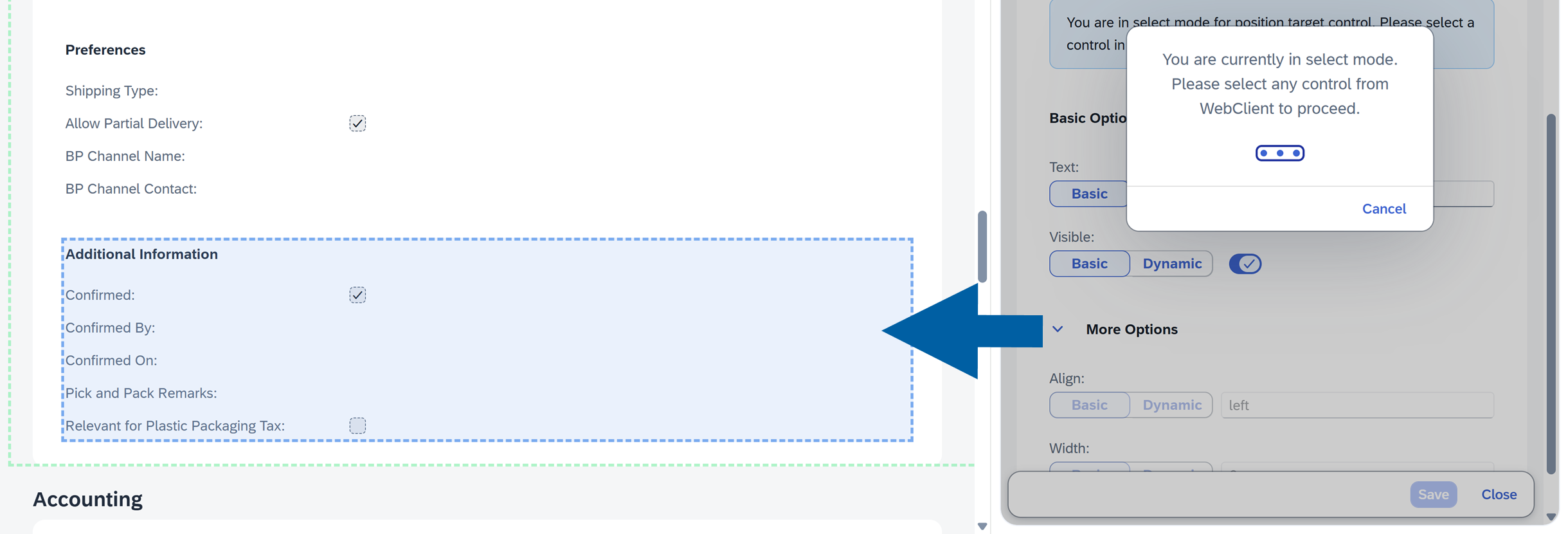 SAP Business One Sales Order screen in select mode with the Additional Information section highlighted as the selected control