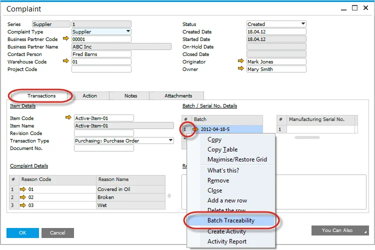 Complaint -> Batch Traceability