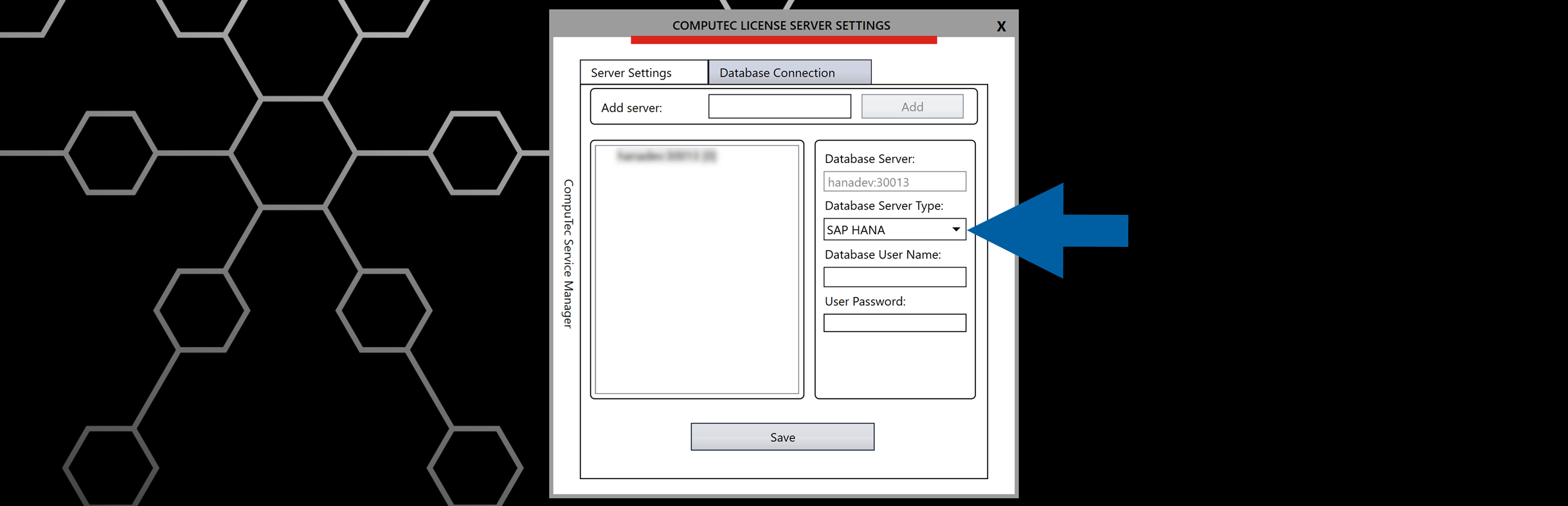 Database Connection settings showing dropdown menu for Database Server Type selection with options for different database server platforms