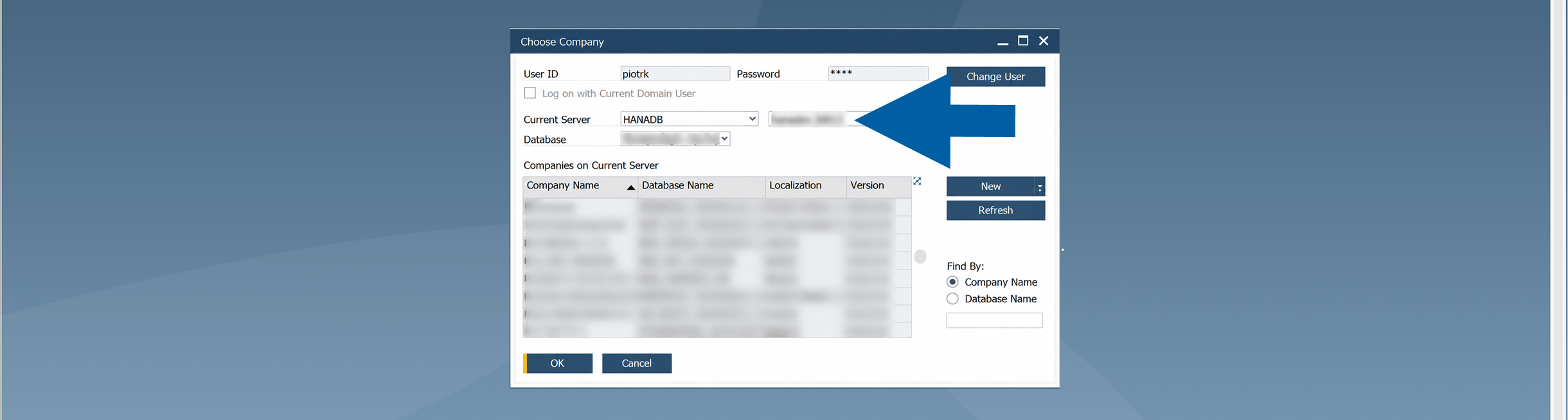 SAP Business One Choose Company dialog window displaying the Current Server field with database server name information highlighted