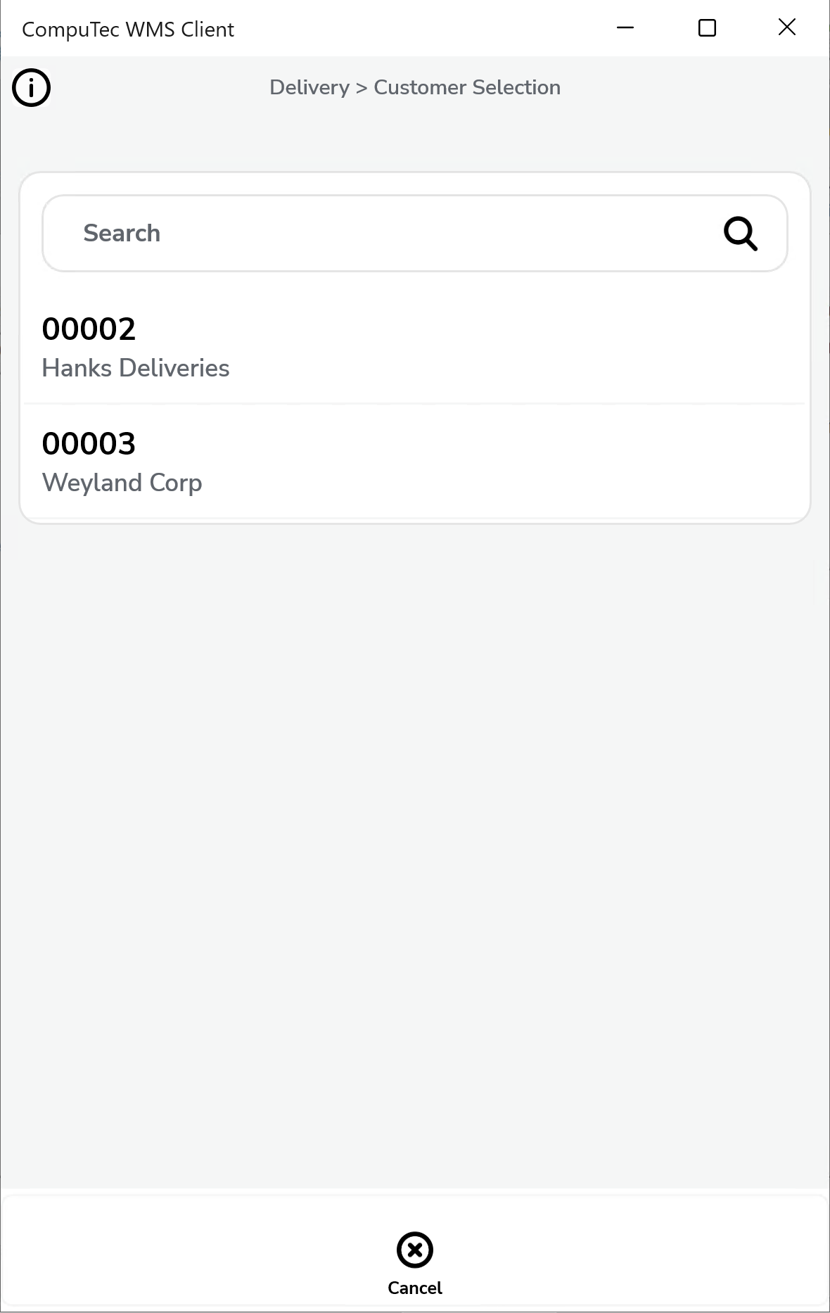 Delivery workflow customer date option showing customer selection screen
