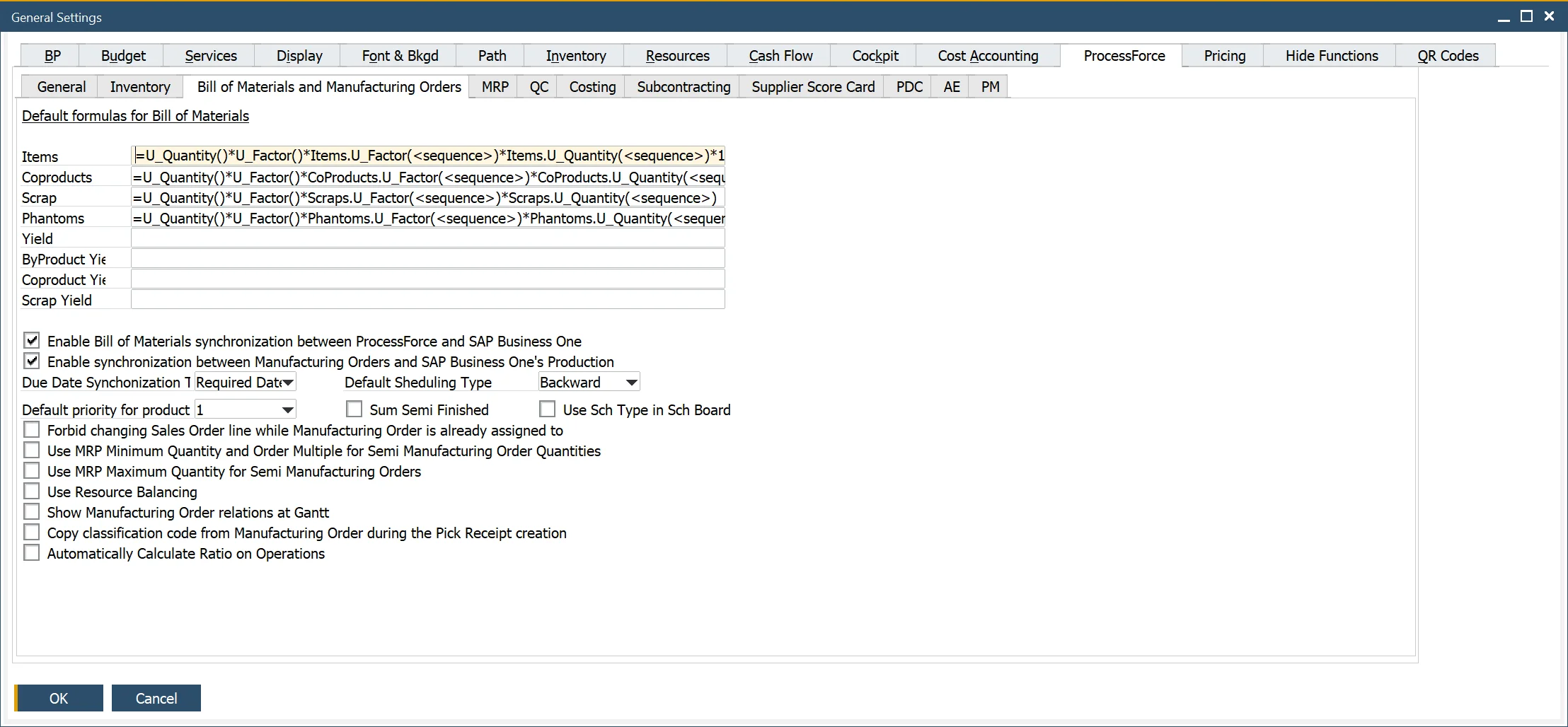 Bill of Materials and Manufacturing Orders tab