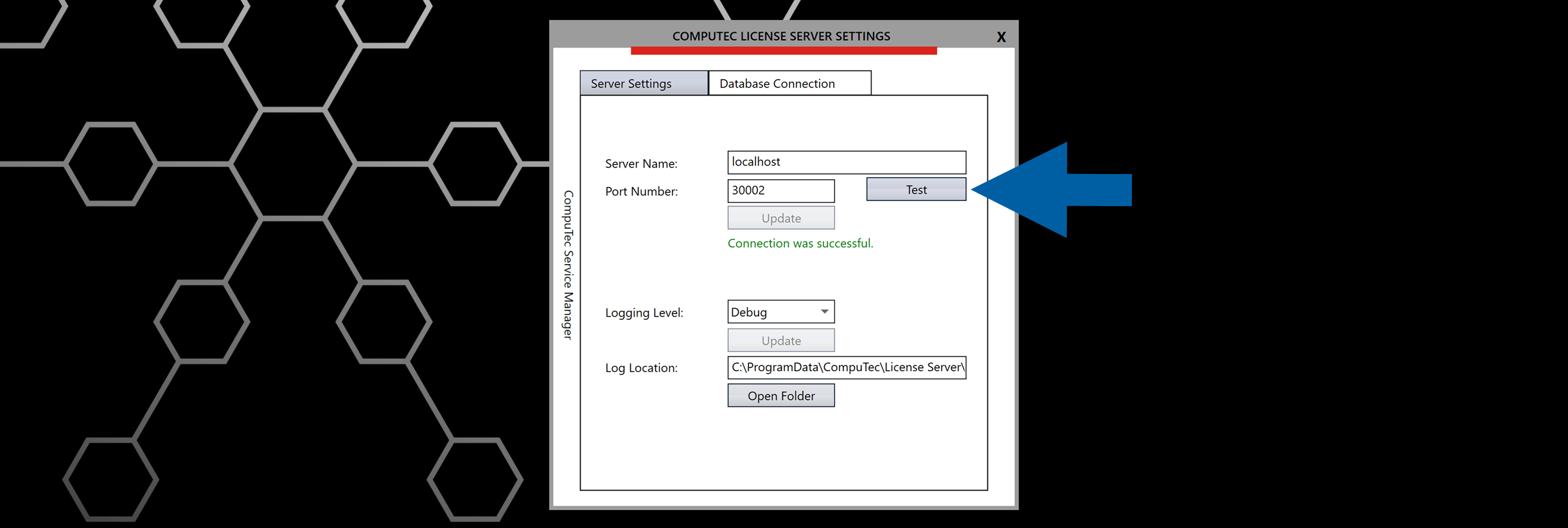 Server Settings configuration panel with Test button positioned next to the Port Number field for connection verification