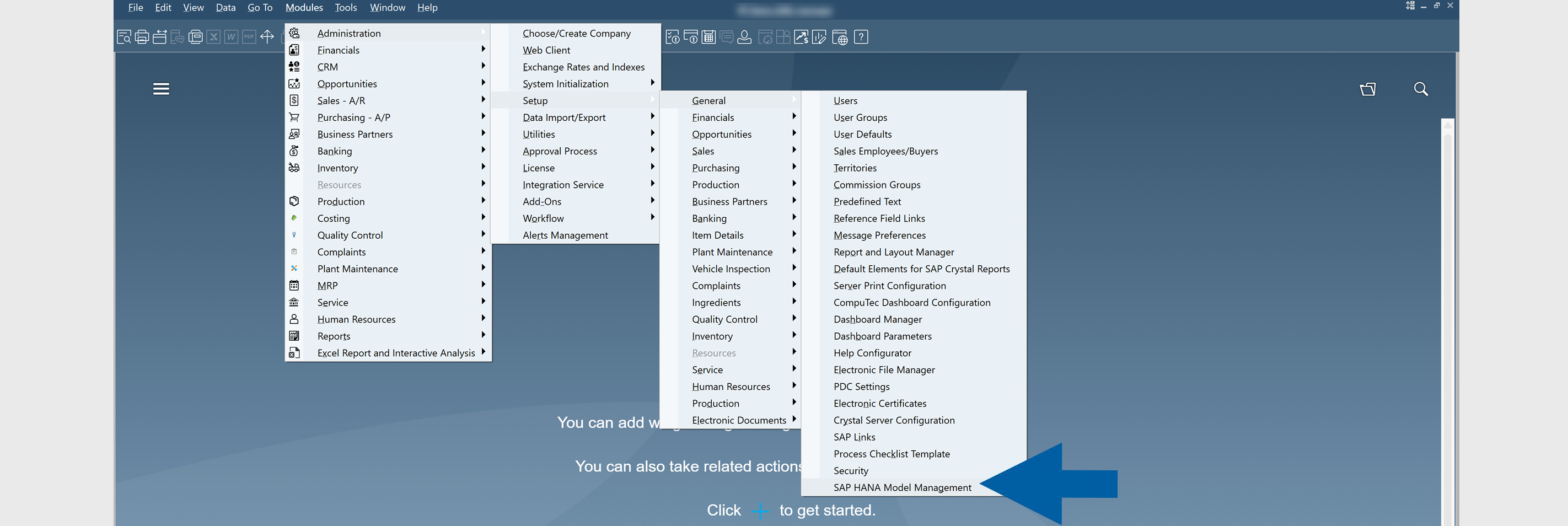 SAP Business One Administration menu showing SAP HANA Model Management option