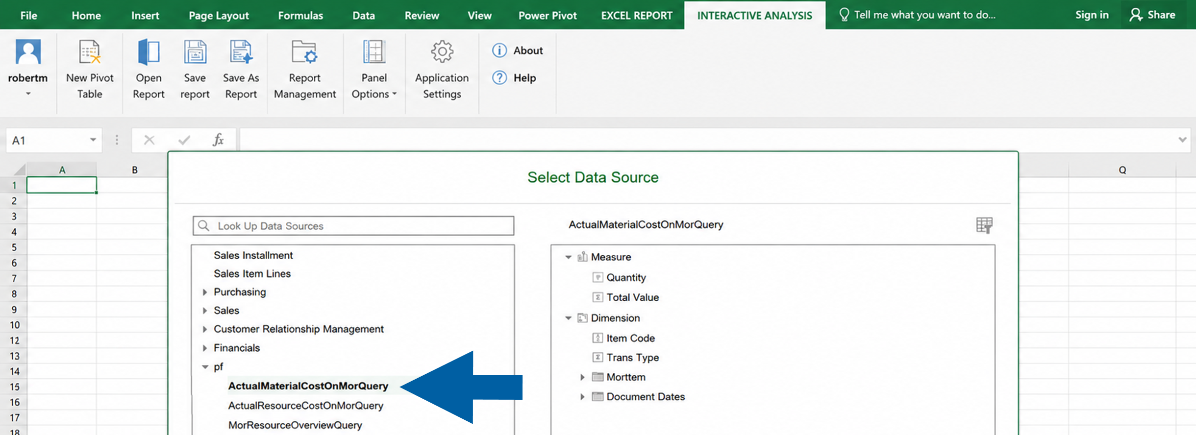 Interactive Analysis dialog in Excel listing CompuTec ProcessForce calculation views for selection
