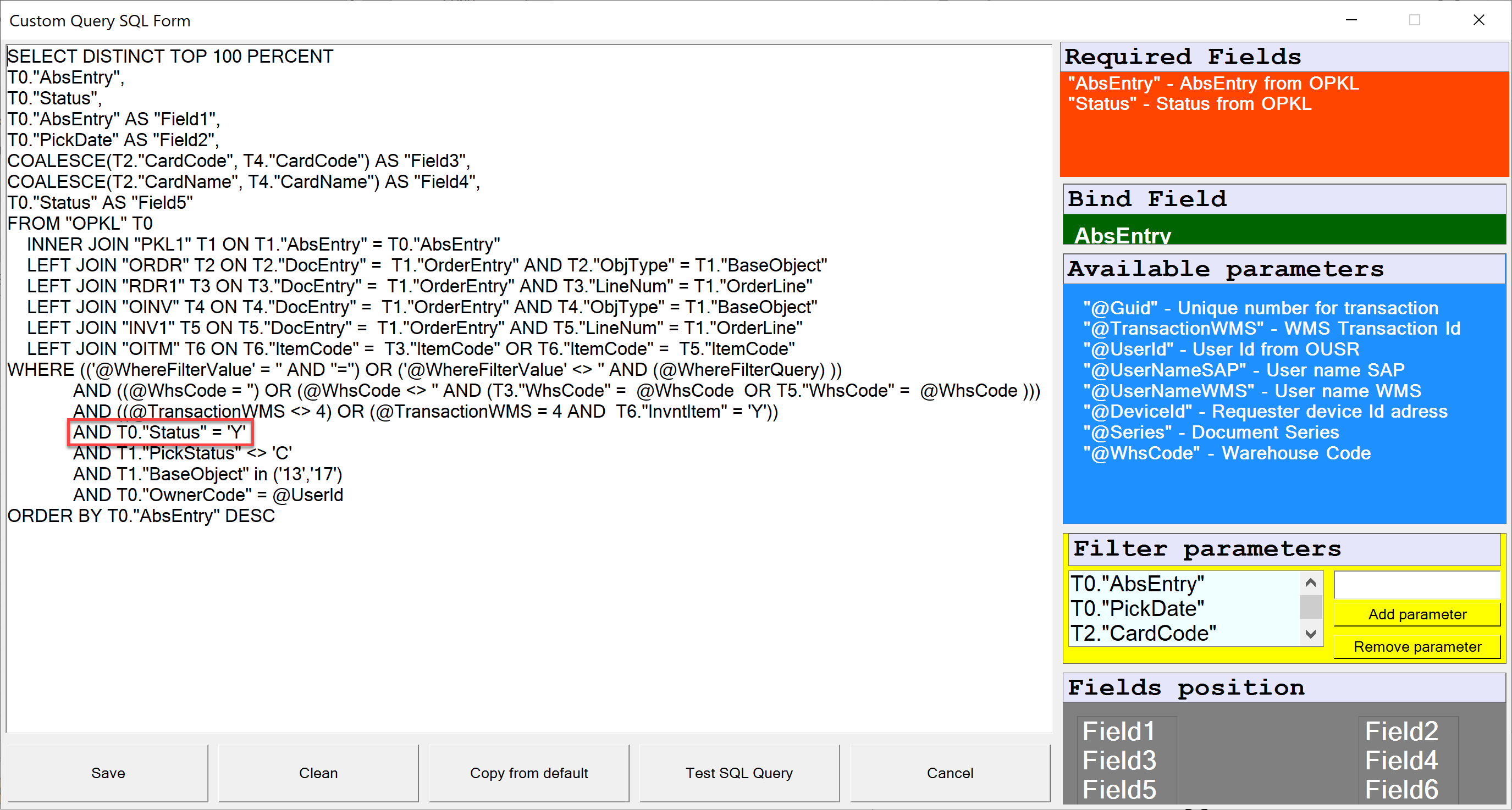 Screenshot highlighting status line change in SQL query for picked pick lists