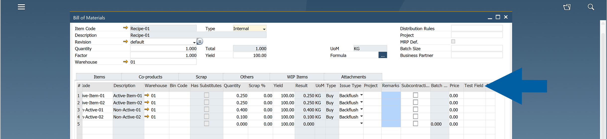Row table showing additional User-Defined Field columns in CompuTec ProcessForce