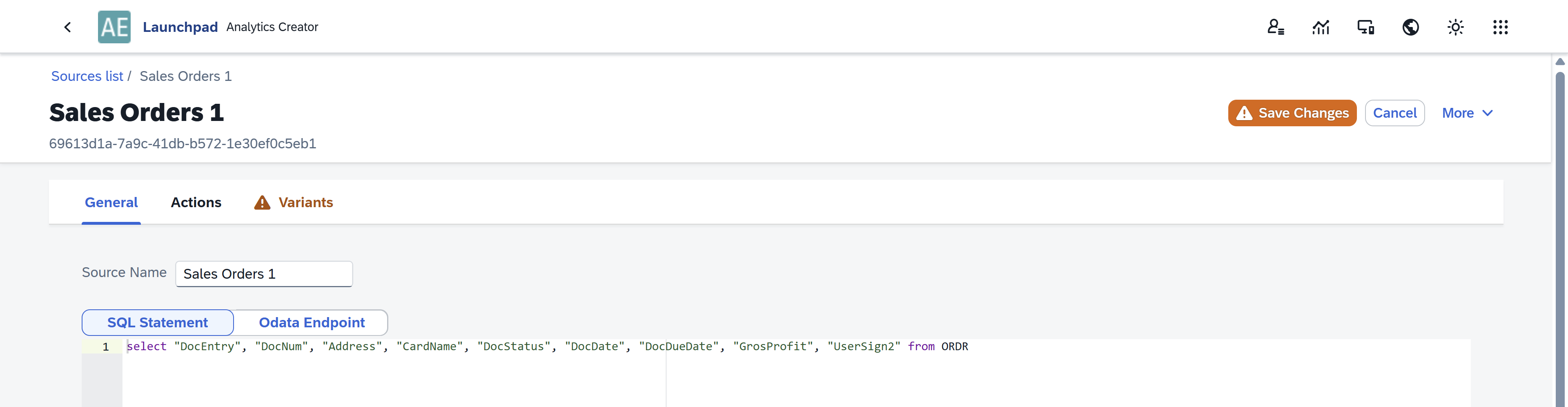 screen showing a warning in variants tab