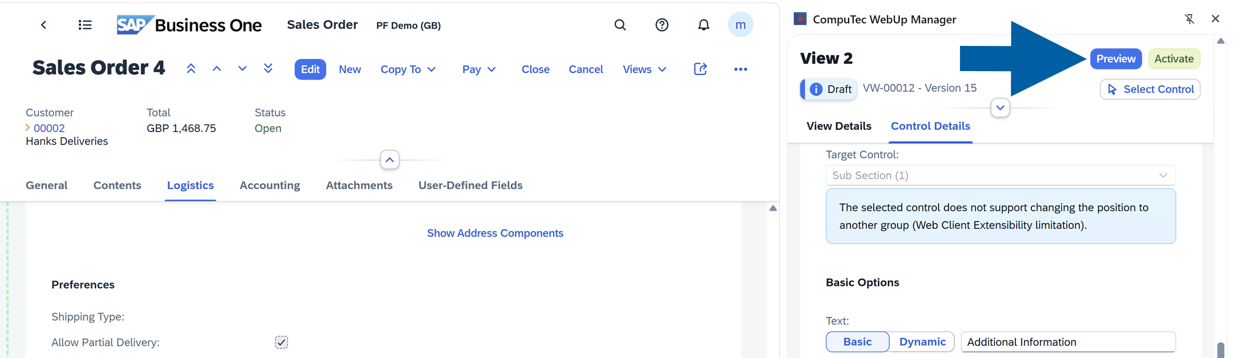 CompuTec WebUp Manager side panel open on a draft view showing the Preview button in the upper-right corner next to Activate